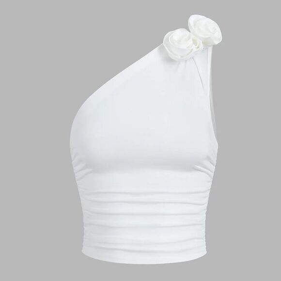 Commense White Crop Knit Top Single Shoulder 3D Floral Top SZ XL NWT - Picture 1 of 16